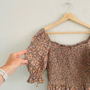 Anne Taylor Smocked Puff Sleeve Floral Midi Dress
